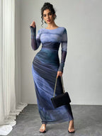 Natalia | Vestido Maxi Bodycon de Manga Larga Impreso y Cómodo